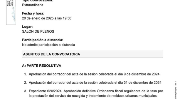 Convocatoria a Pleno sesión extraordinaria, lunes 20 de enero a las 19:30h